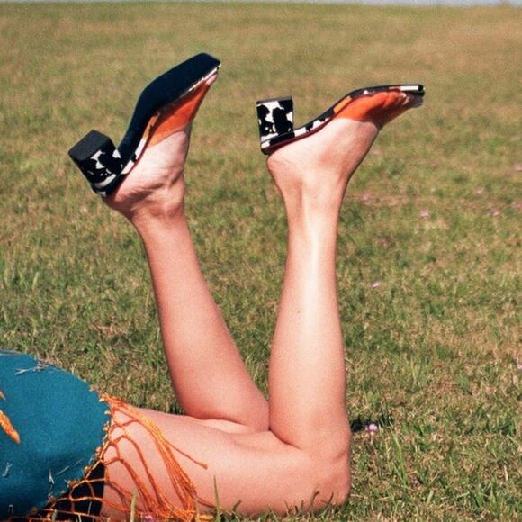 Les Petits Joueurs Fanny Orange PVC strap cow Print suede leather mules size 38 - Picture 4 of 16